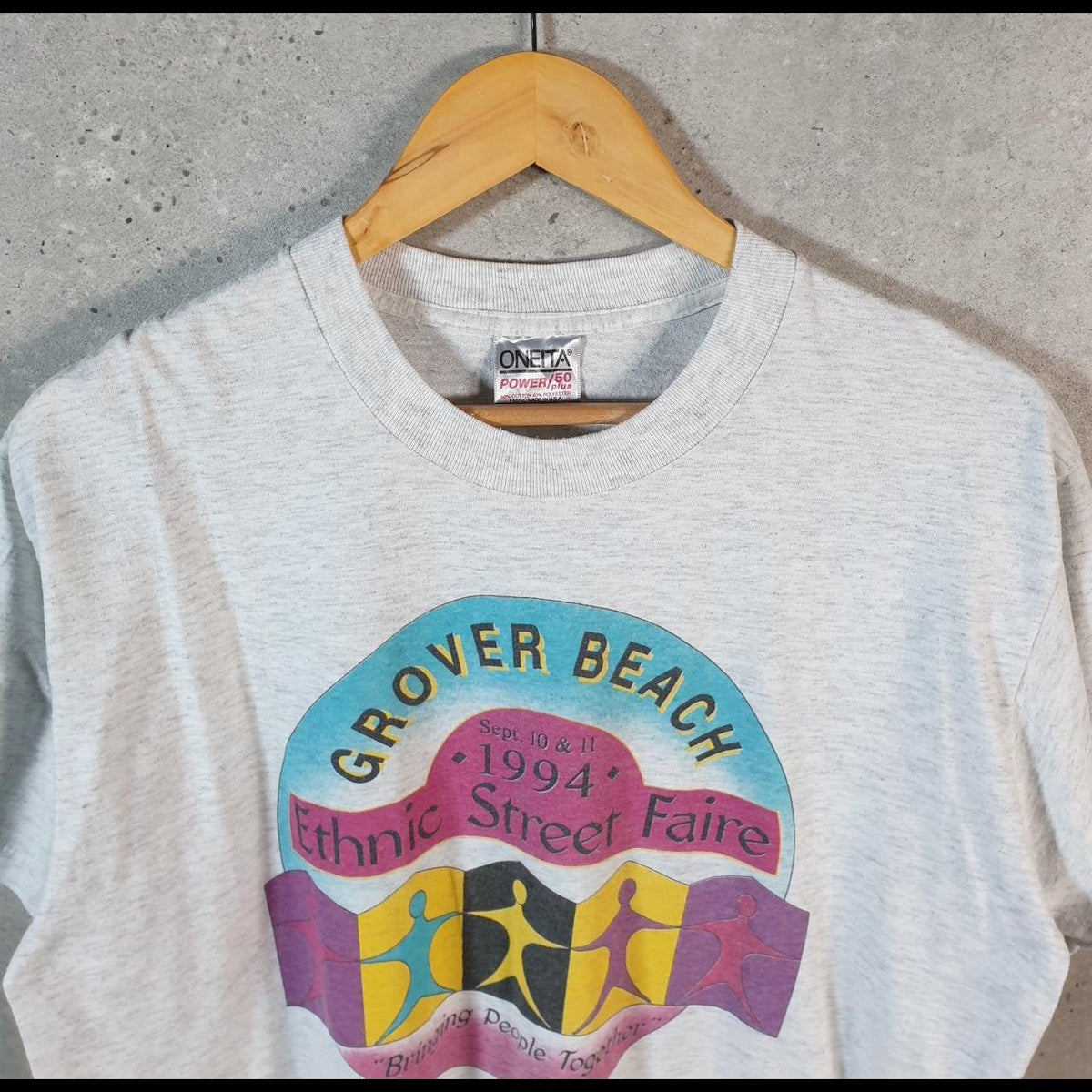Vintage Oneita Power Grover Beach 1994 USA Single Stitch T Shirt Men’s Large grey C8113