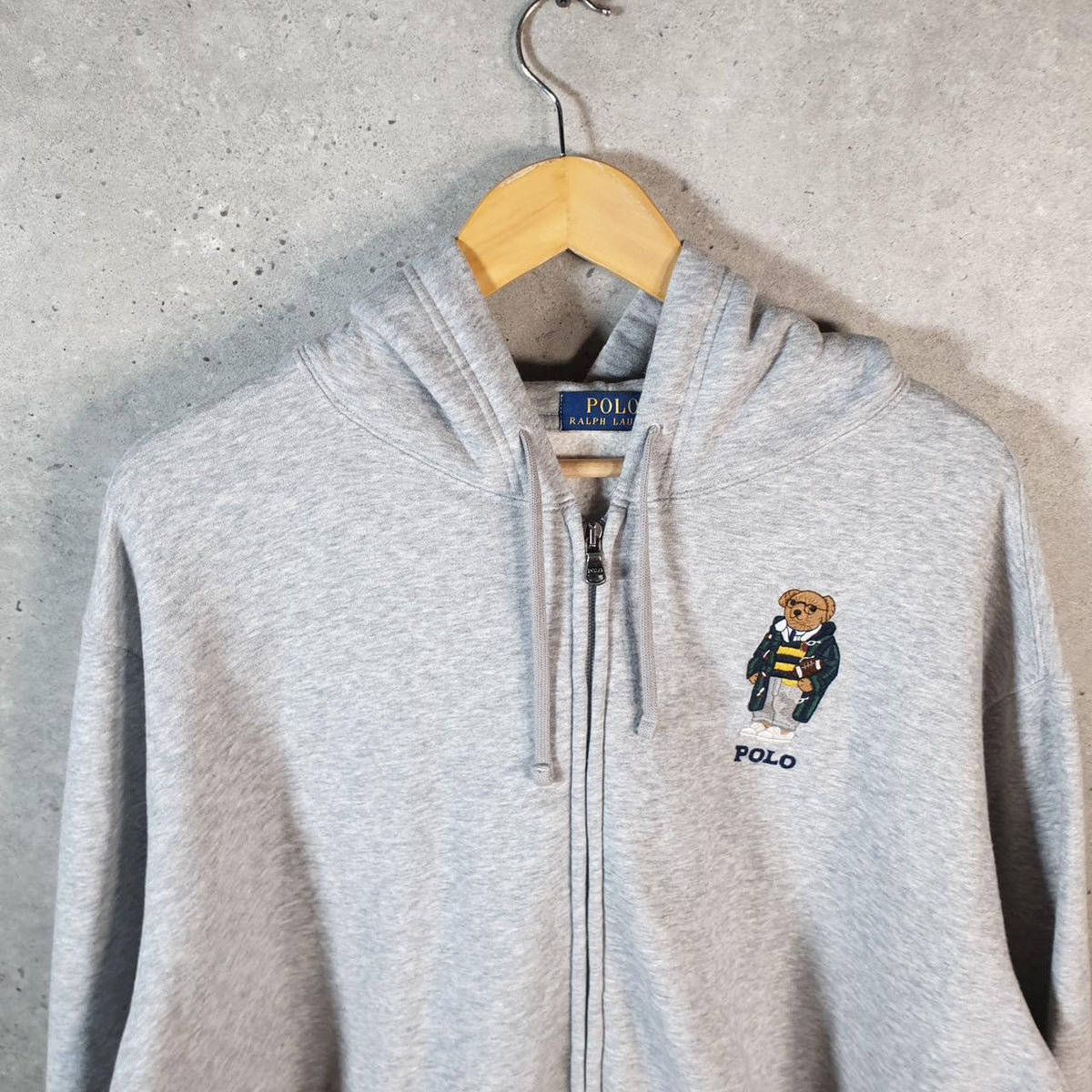 Vintage Ralph Lauren Polo Bear Hoodie Men’s 2XL Grey Cotton Full Zip Pony Big Fish Vintage