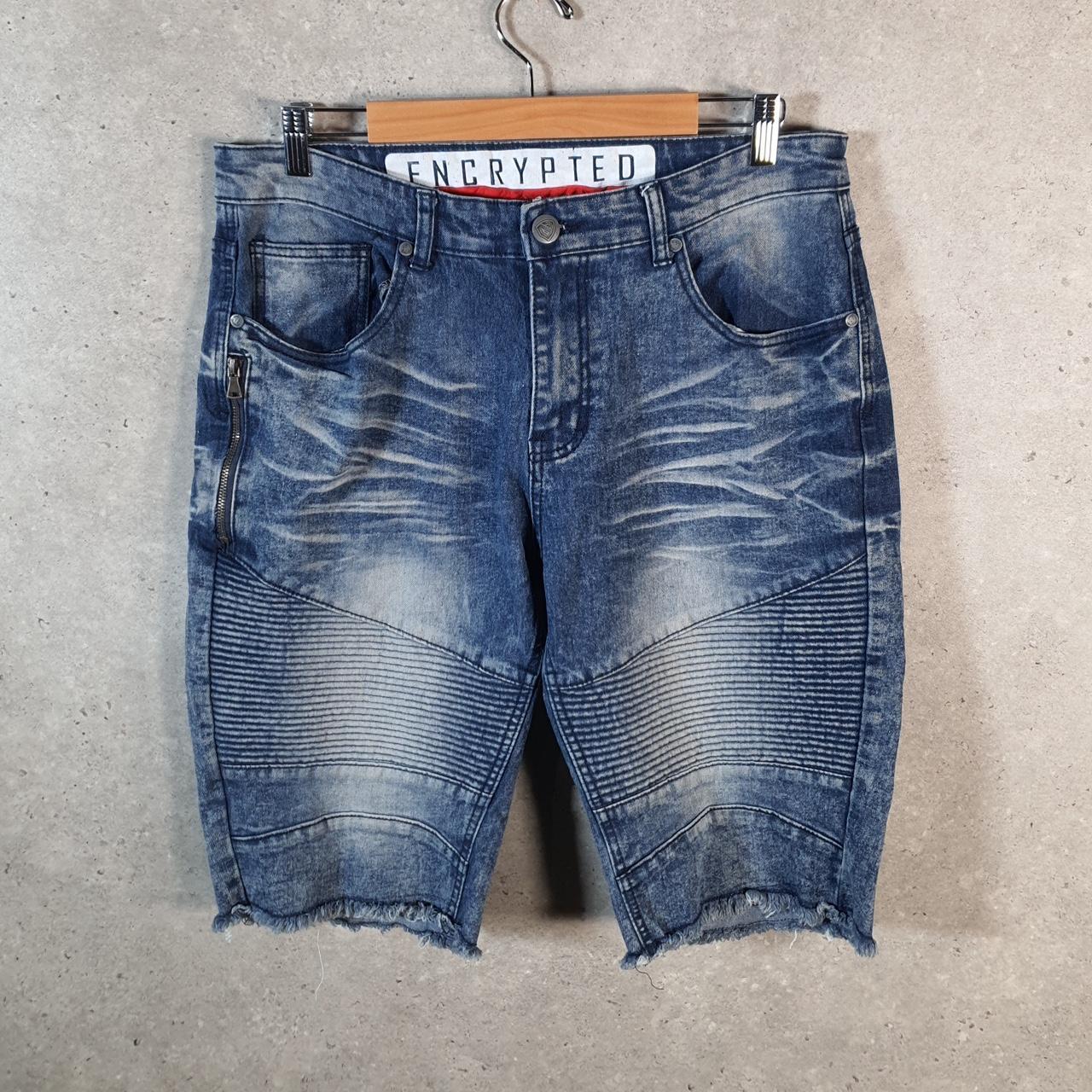 Vintage Encrypted Y2K Hip Hop Jorts Shorts Mens W34 Blue Denim USA A4676