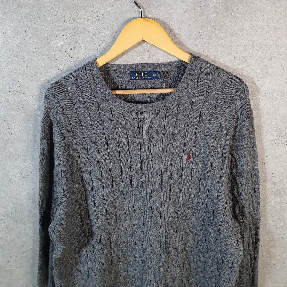 Vintage Ralph Lauren Polo Cable Knit Heavyweight Sweatshirt Womens Large Grey Pony C8855
