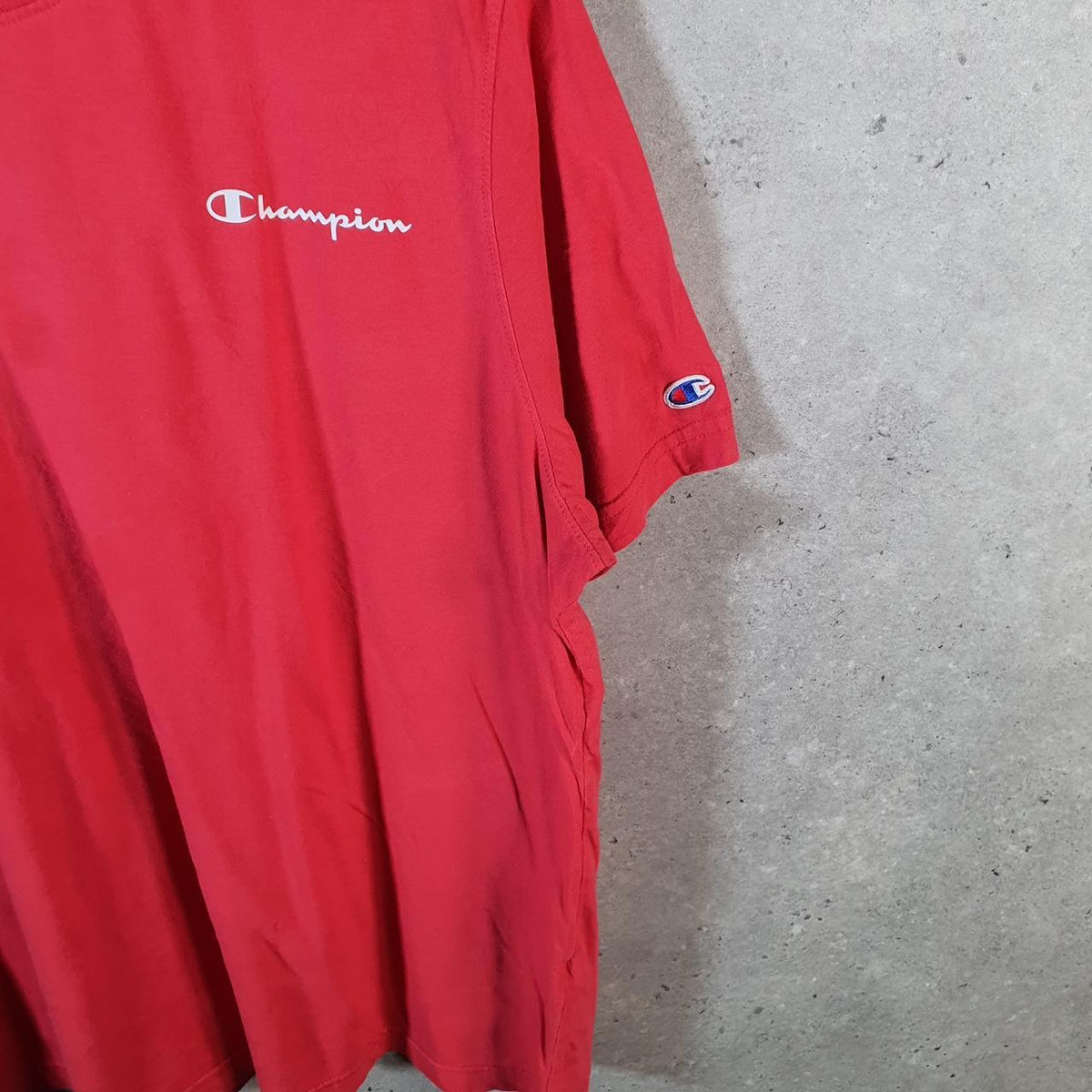 Vintage Champion Embroidered Spellout Logo T Shirt Men’s 2XL Red USA Athletic