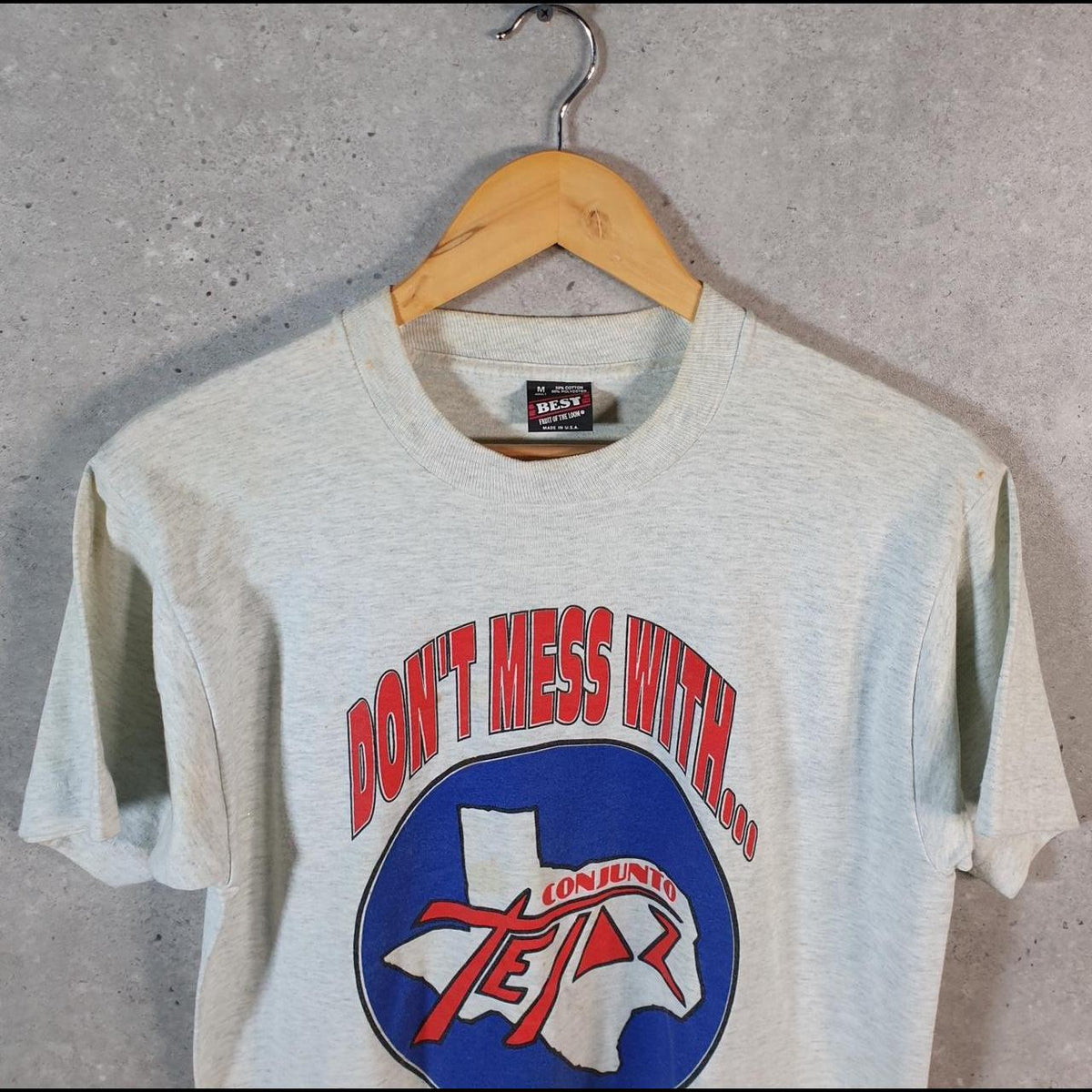 Vintage Fruit of the Loom Conjunto Tejaz 90s USA Single Stitch T Shirt Men’s Medium Grey C8397