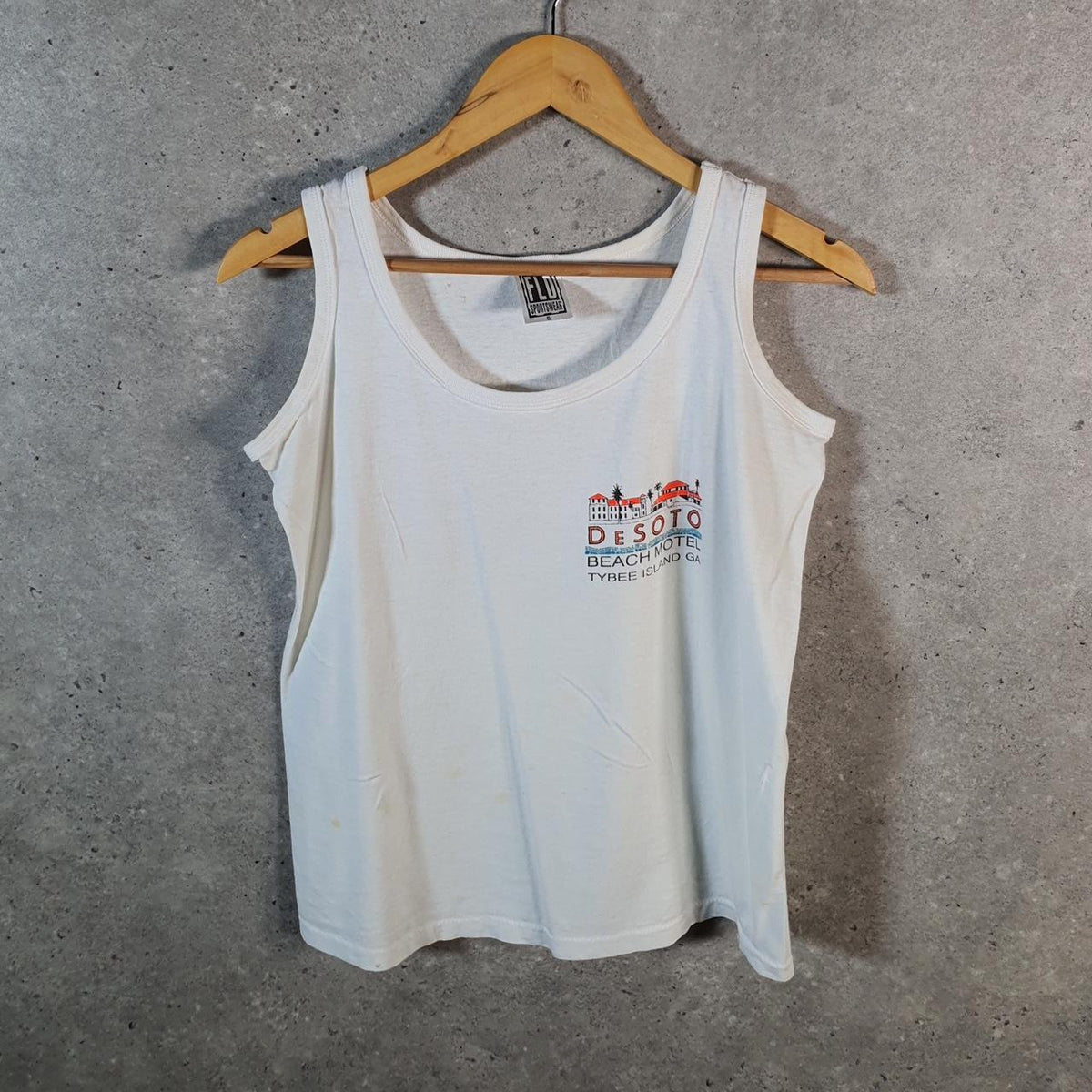 Vintage FLD Desoto Beach Tybee Island 90s Graphic USA Single Stitch Vest Men’s Small White