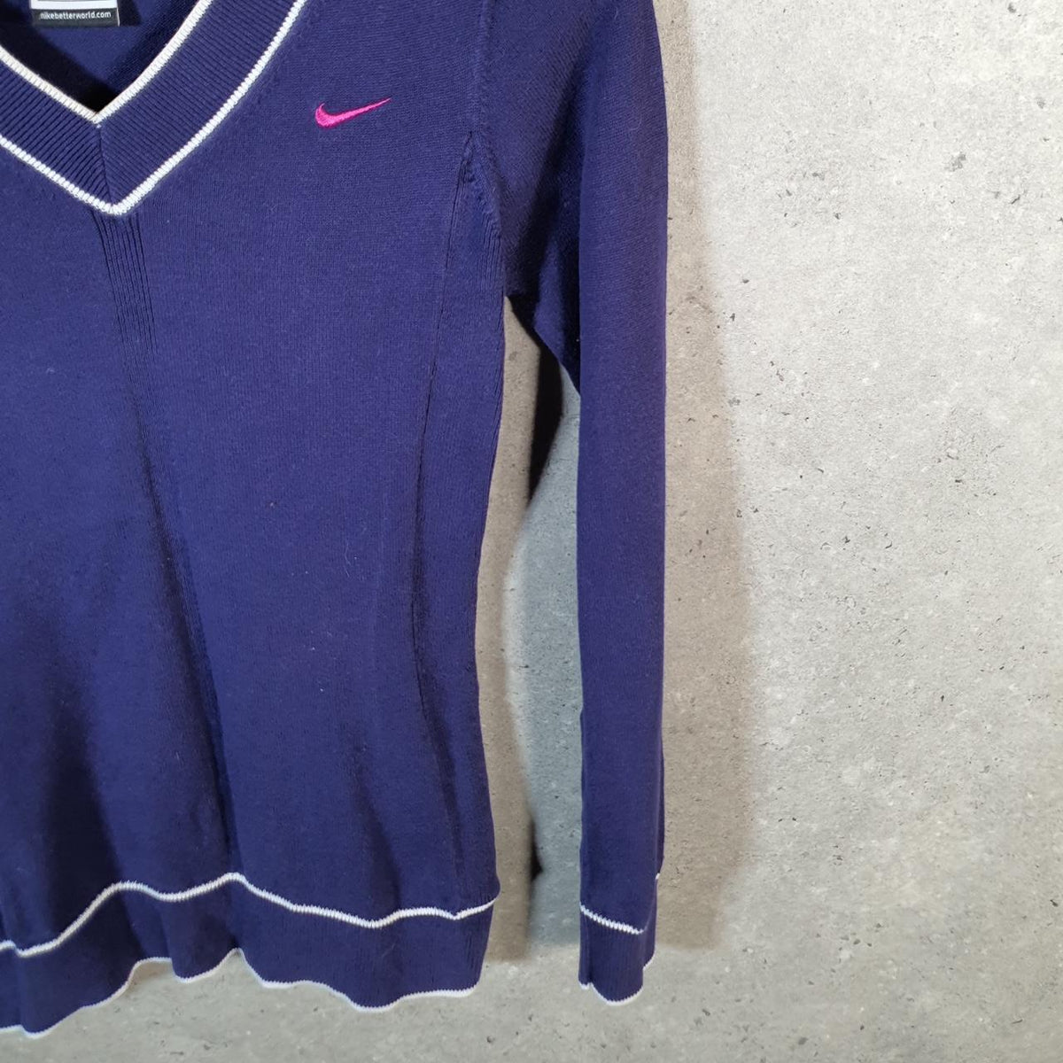 Vintage Nike Knit Club Sweatshirt Womens Small Navy Blue Swoosh Y2K Pullover Logo