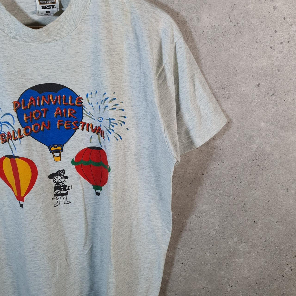 Vintage Fruit of the Loom Plaiville Hot Air Balloon 90s USA Single Stitch T Shirt Men’s Large Grey