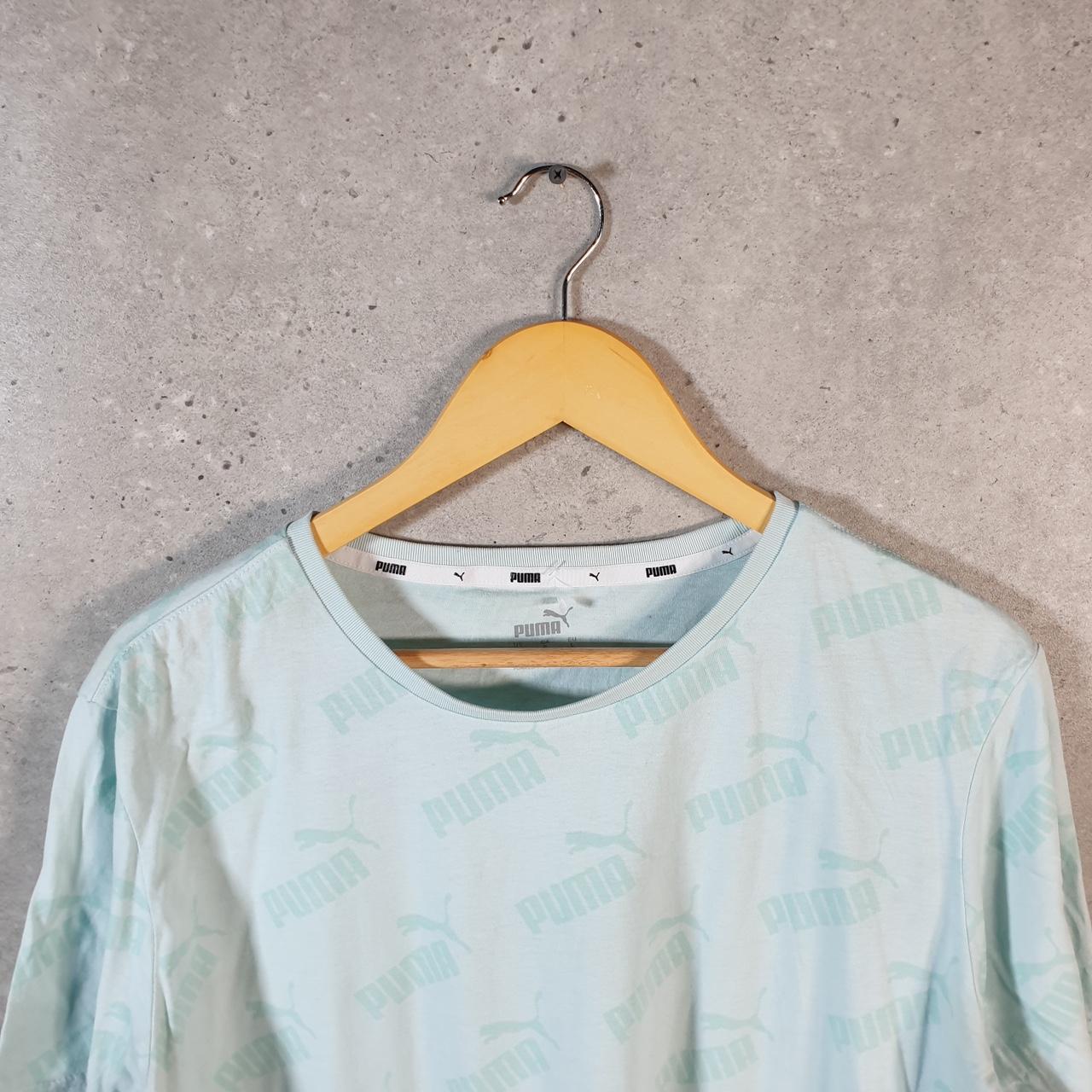 Vintage Puma Spellout T Shirt Womens Blue Large All Over Print Logo Athletic C9696