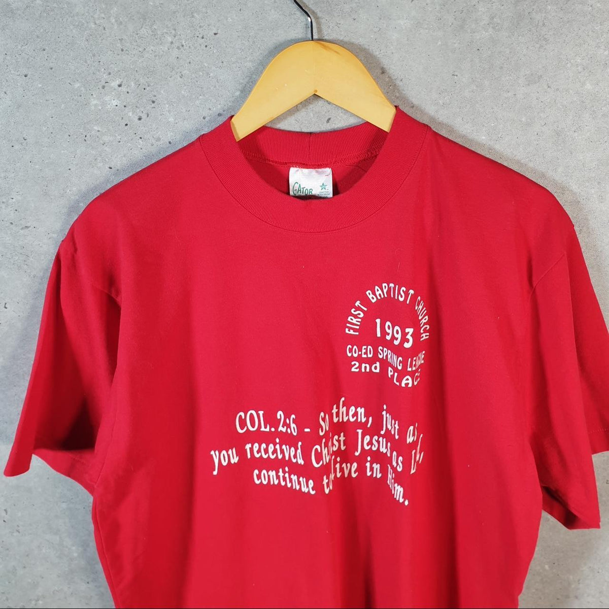 Vintage Gator 1993 First Baptist Church Graphic USA Single Stitch T Shirt Men’s XL Red