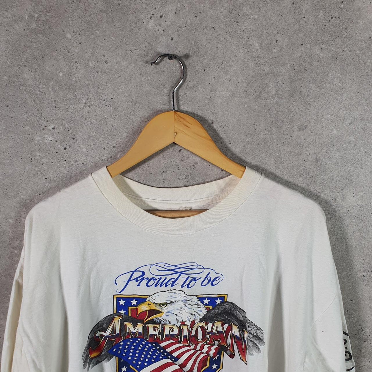 Vintage Proud To Be American Graphic 90s USA Single Stitch T Shirt Men’s Medium White Big Fish Vintage
