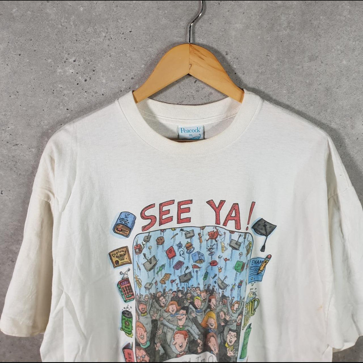 Vintage Peacock See Ya Graduated 90s Single Stitch T Shirt Men’s XL White
