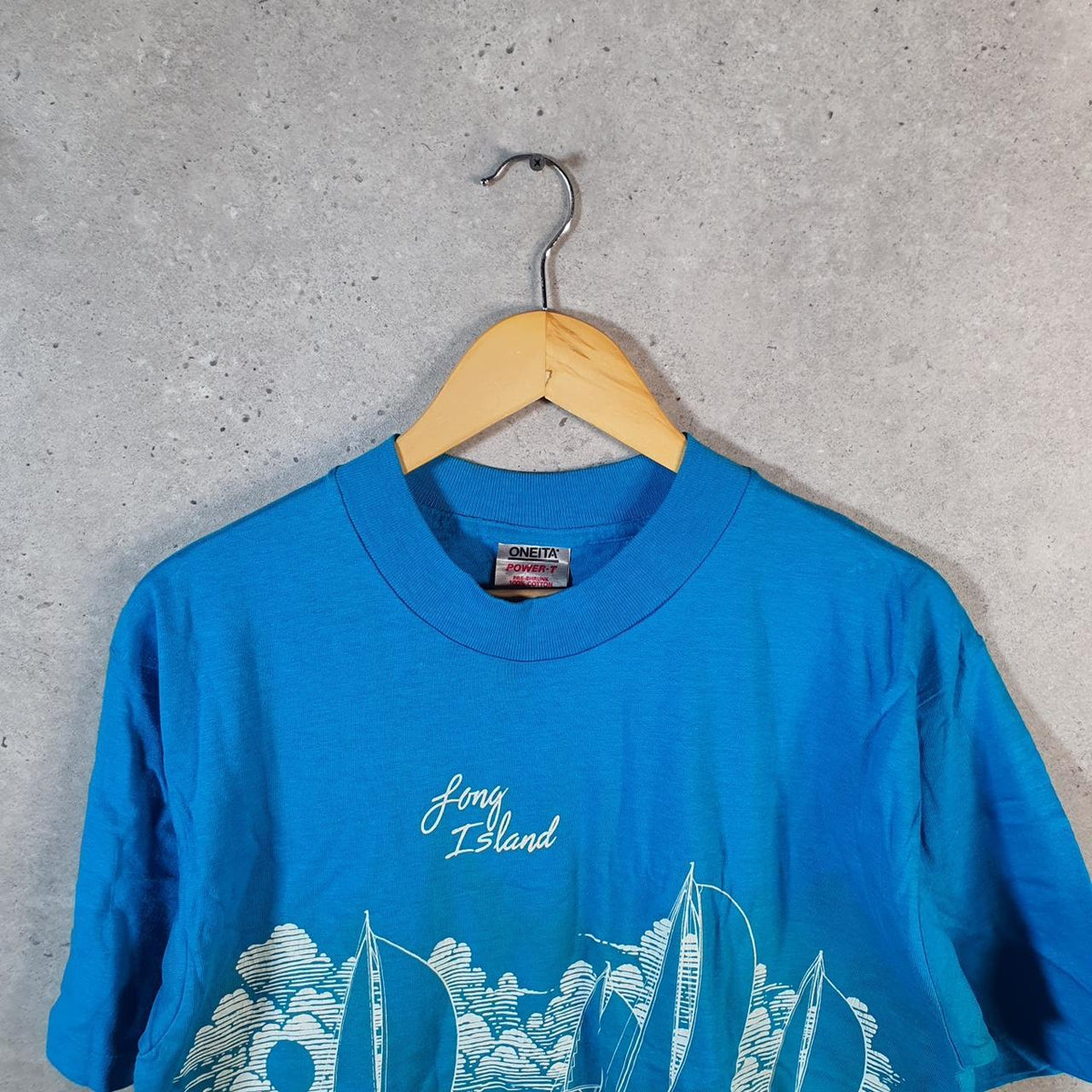 Vintage Power T Oneita USA Long Island Graphic Single Stitch T Shirt Men’s XL Blue Big Fish Vintage