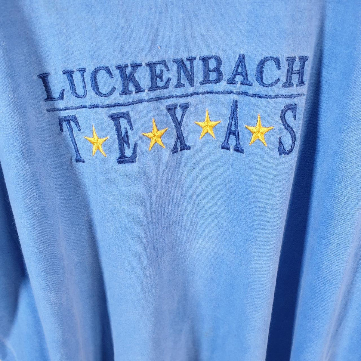 Vintage Anvil Luckenback Texas Embroidered USA 90s Single Stitch T Shirt Men’s Large Blue C9448