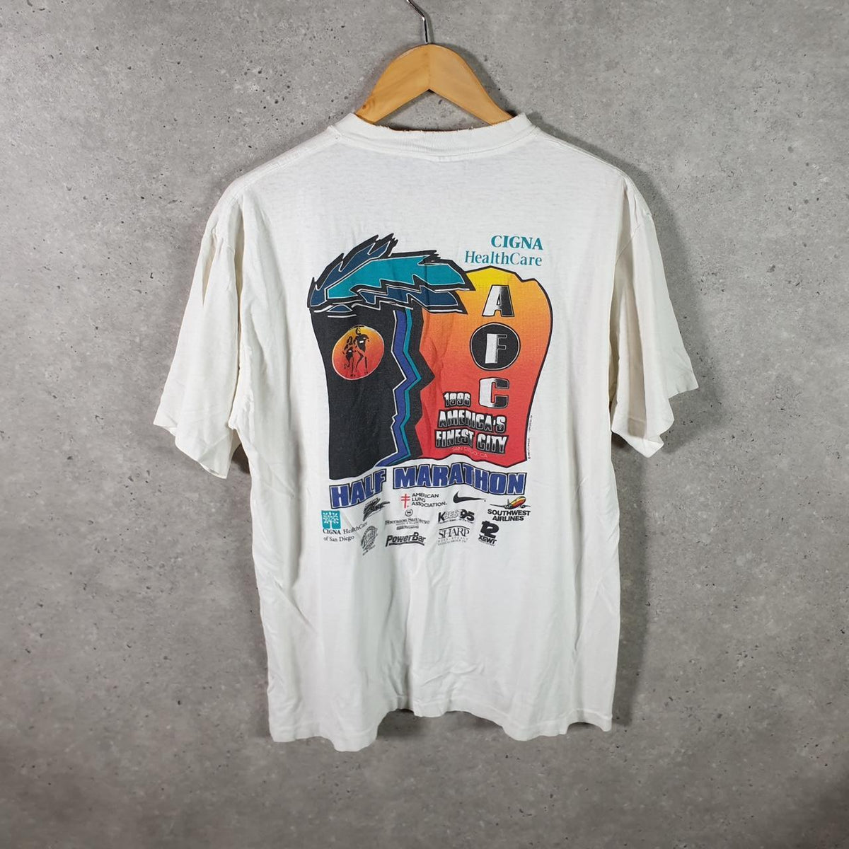 Vintage Oneita PowerPro San Diego 1996 5k T Single Stitch T Shirt Men’s Large White Big Fish Vintage