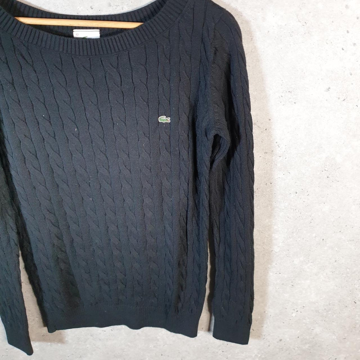 Vintage Lacoste Sweatshirt Cable Knit Womens Medium Black Pullover Logo Y2K Jumper