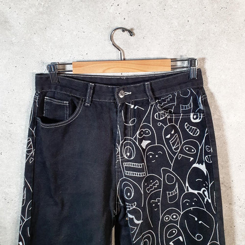Shein Faces Graphic Straight Y2K Hip Hop Jeans Womens Medium Black Denim USA Big Fish Vintage