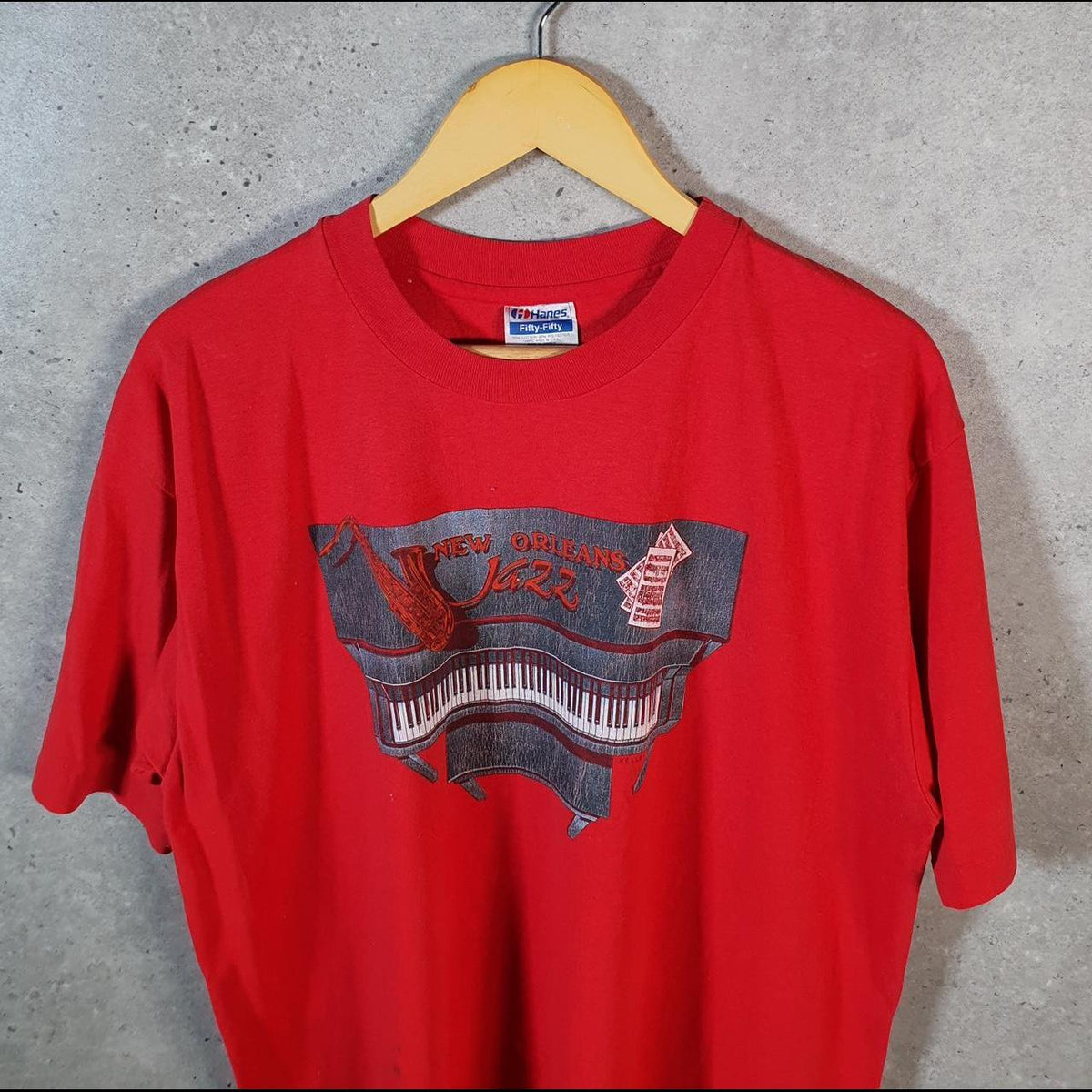 Vintage Hanes New Orelans Jazz 90s USA Single Stitch T Shirt Men’s XL Red C9539