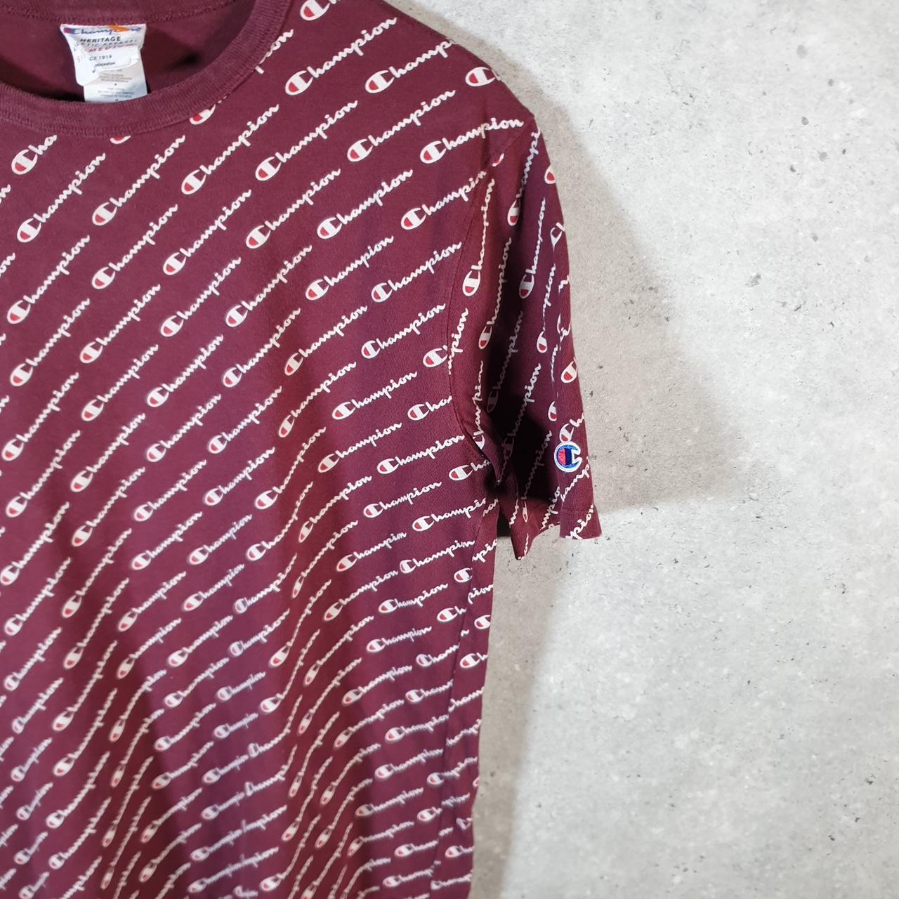 Vintage Champion AOP Spellout Logo T Shirt Mens Medium Burgundy Red USA Athletic