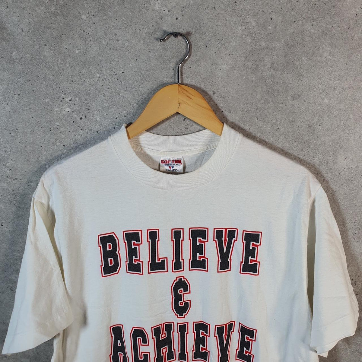 Vintage Sof Tee TeeJays Believe & Achieve Ferrahian School Single Stitch T Shirt Men’s Large White Big Fish Vintage