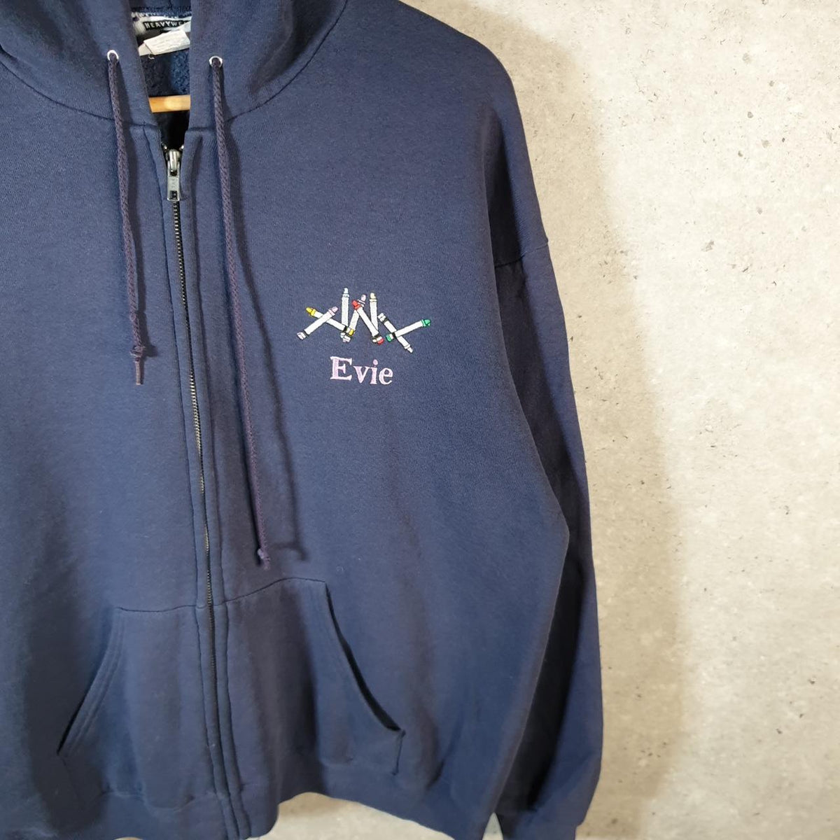 Vintage Lee Heavyweight Hoodie Men’s Large Navy Blue USA Evie Crayons Full Zip