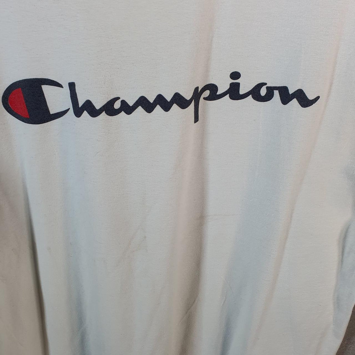 Vintage Champion Embroidered Spellout Logo T Shirt Men’s Large White USA Athletic