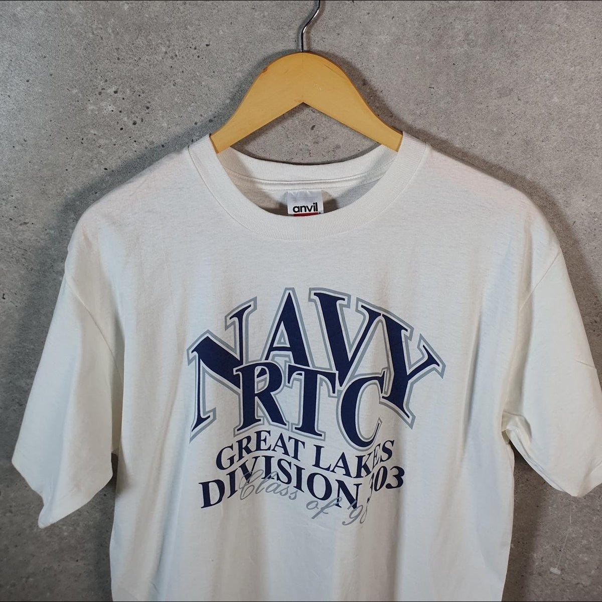 Vintage Anvil Navy RTC Graphic USA 1998 USA Single Stitch T Shirt Men’s Large White C9465