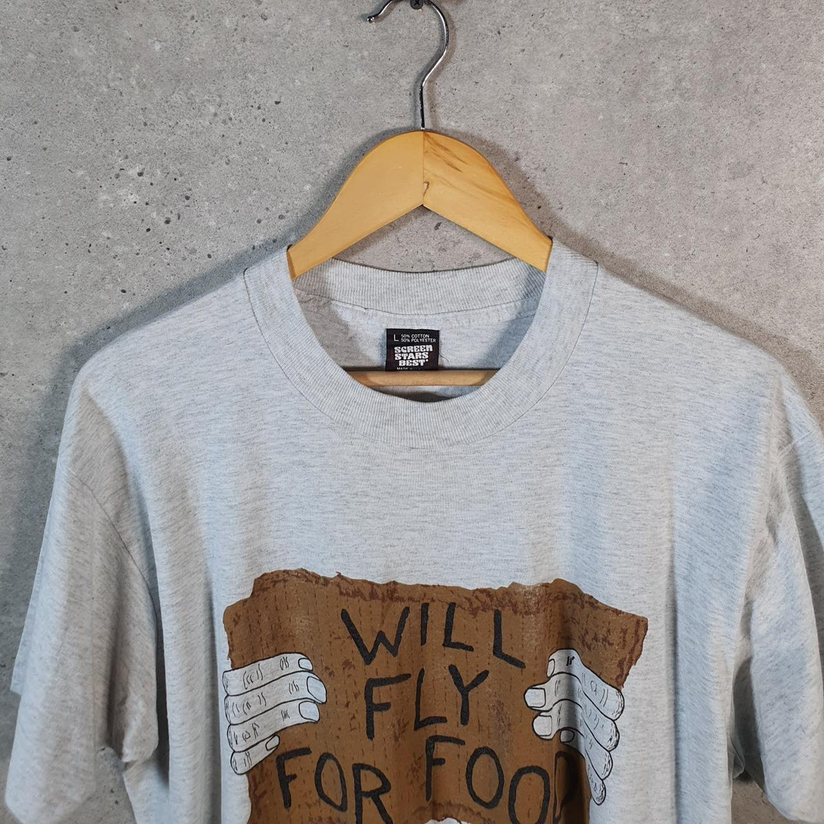 Vintage Screen Stars Best Will Fly For Food USA Single Stitch T Shirt Men’s Large Grey Big Fish Vintage