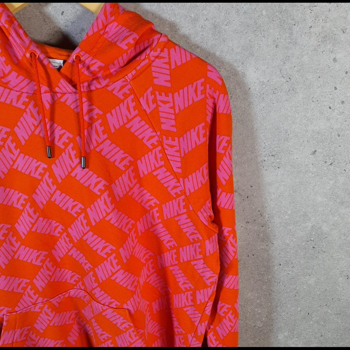 Vintage Nike All Over Print AOP Hoodie Womens Large Pink Swoosh Y2K Pullover Logo