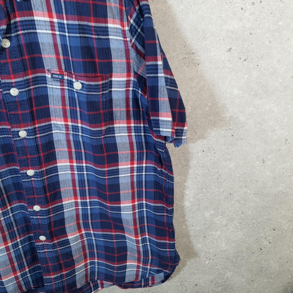 Vintage Ralph Lauren Button Down Shirt Men’s Large Blue Checkered Cotton Stretch Pocket