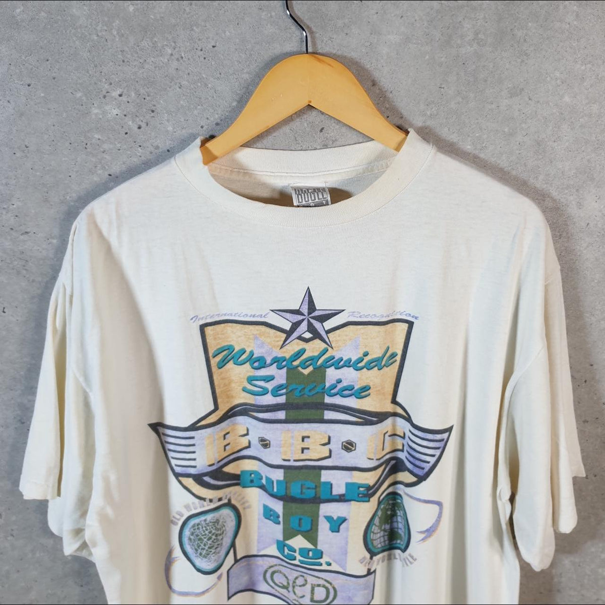 Vintage Bugle Boy Worldwide Service 90s USA Single Stitch T Shirt Men’s XL White