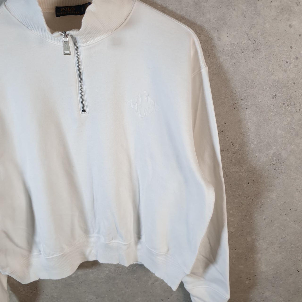 Vintage Ralph Lauren Cropped Polo Sweatshirt Womens Large White 1/4 Zip Pony