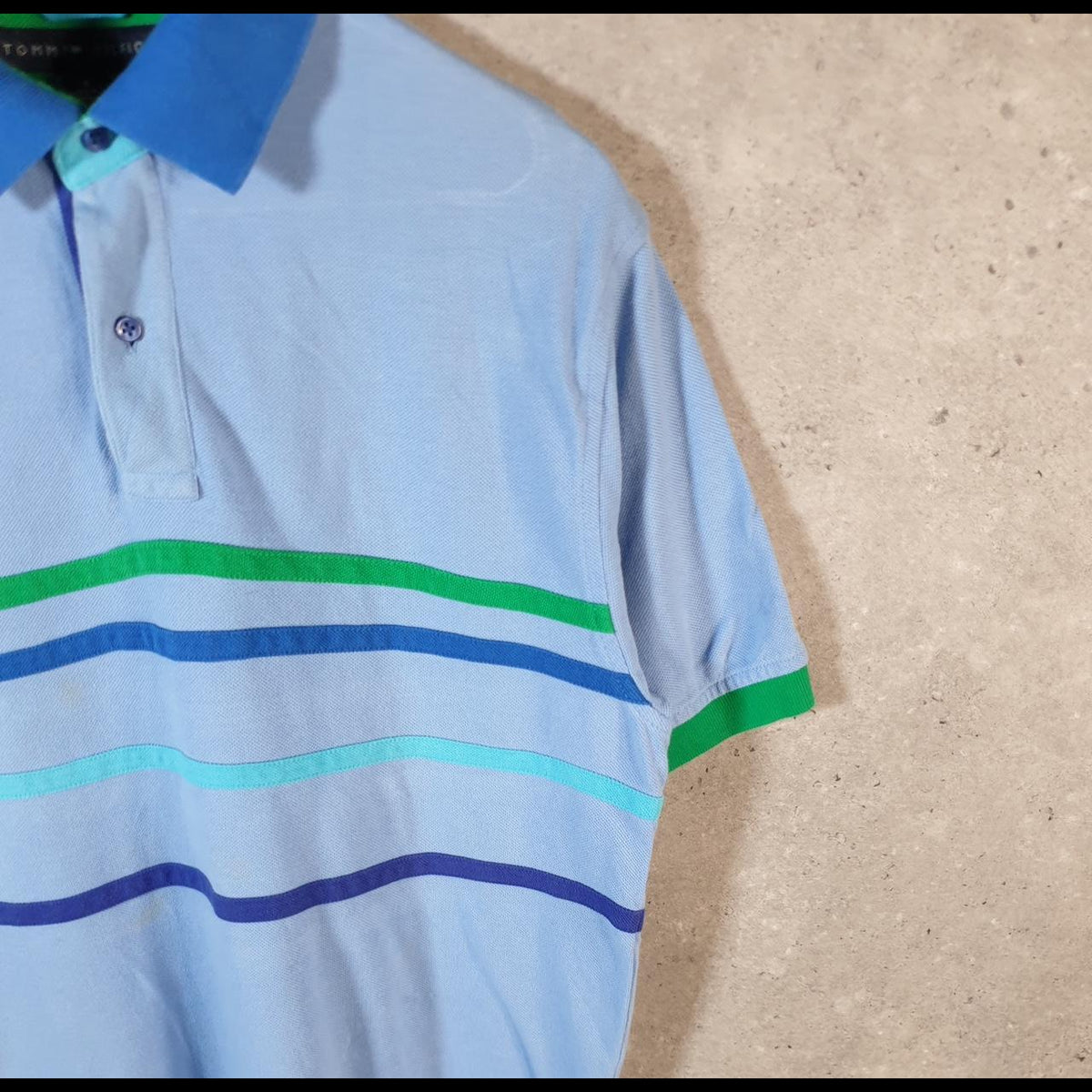 Vintage Tommy Hilfiger Polo Shirt Men’s Medium Blue Striped Custom Fit Embroidered Logo