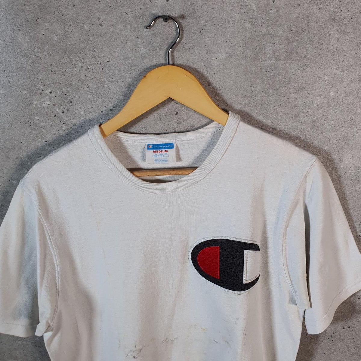 Vintage Champion Spellout T Shirt Men’s Medium White Casual Sports C9579