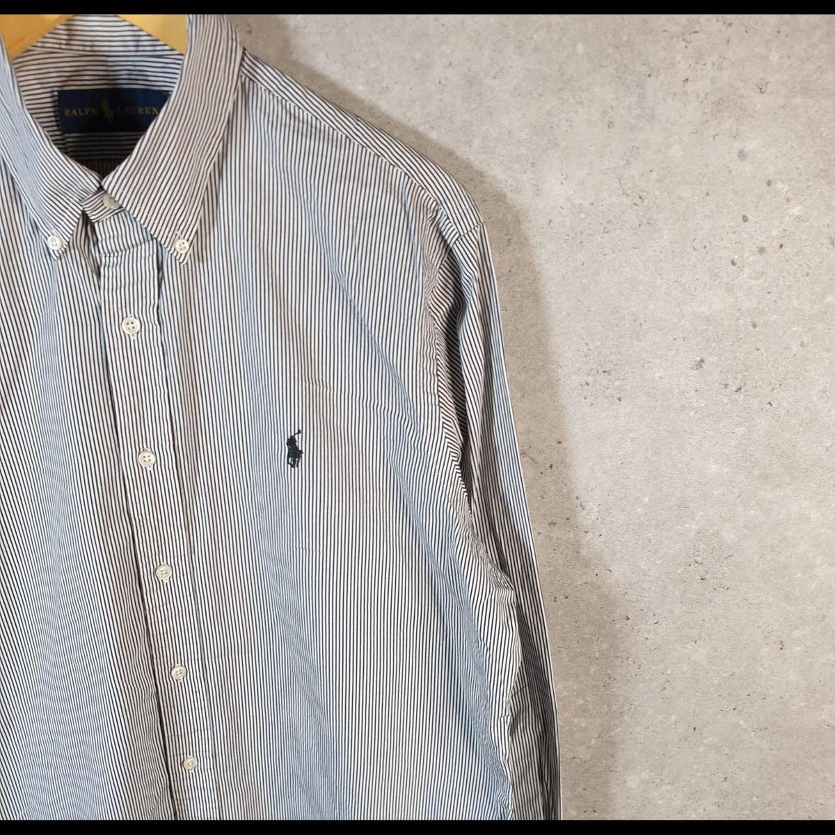 Vintage Ralph Lauren Button Down Shirt Men’s Large Grey Striped Custom Fit Pony