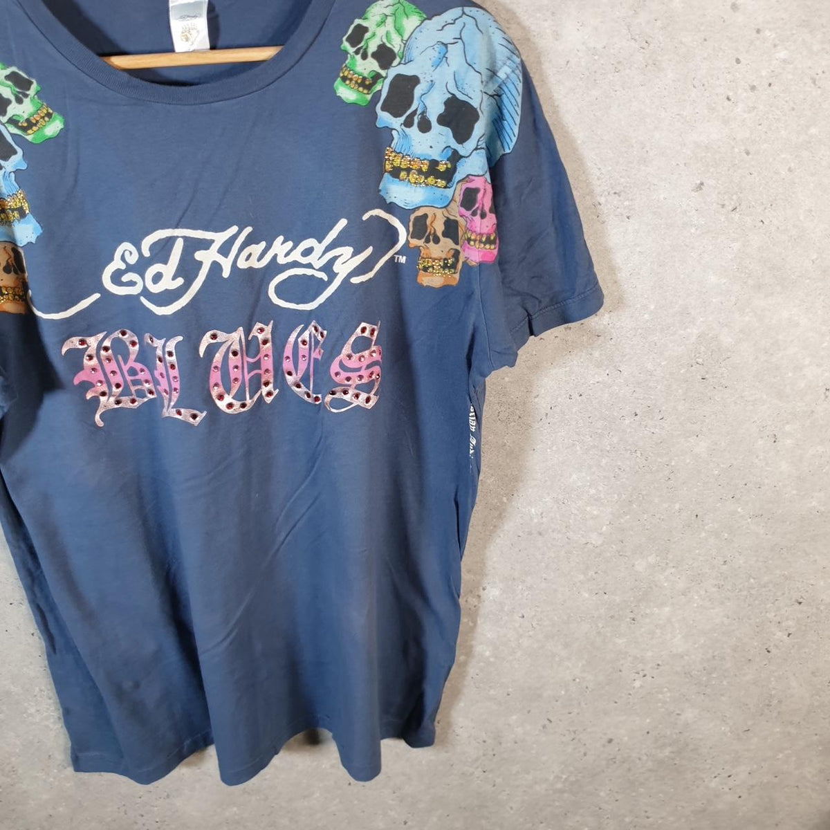 Vintage Ed Hardy T Shirt Men’s Large Blue Christian Audigier Love Heart Graphic Skull Y2K