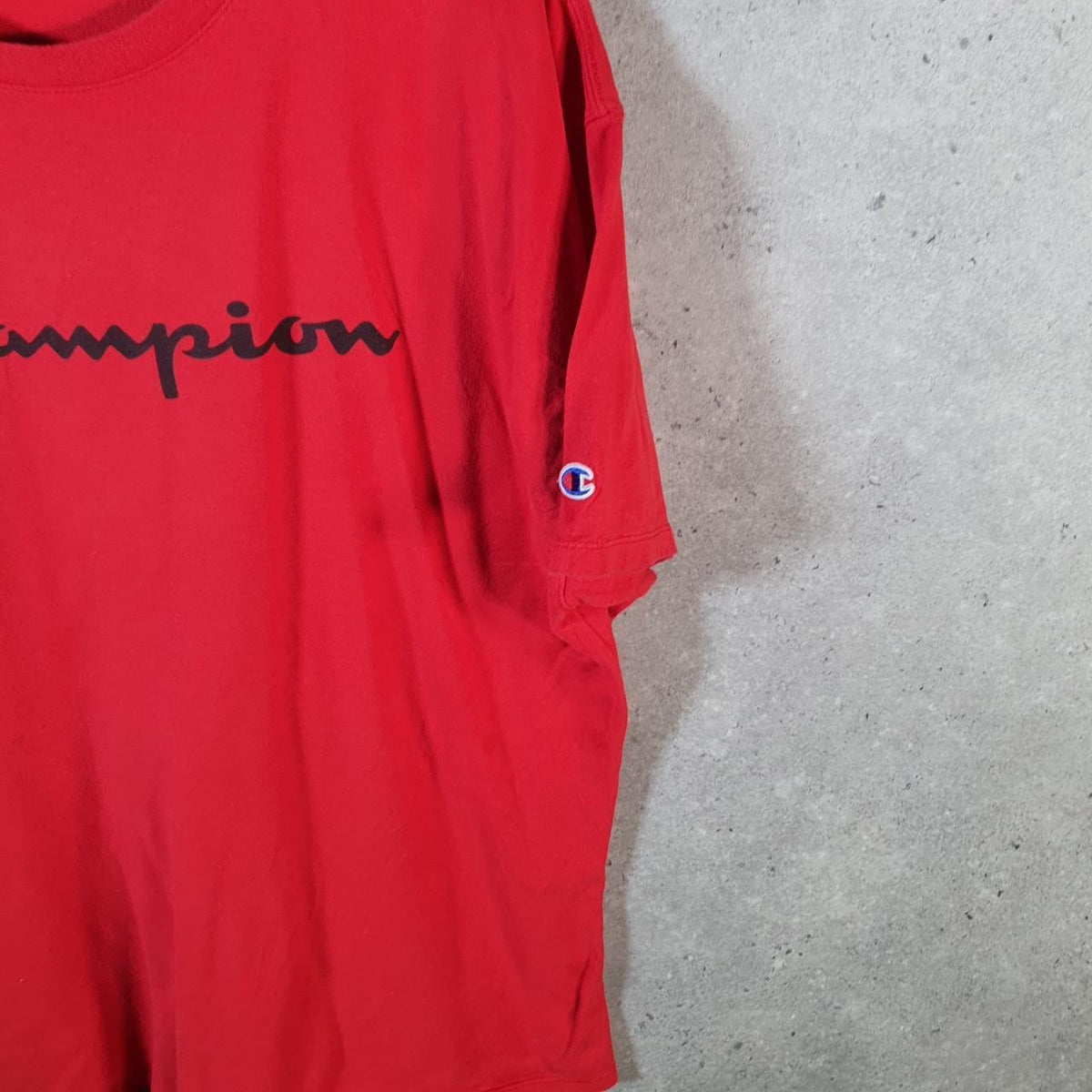 Vintage Champion Embroidered Spellout T Shirt Men’s XL Red American USA Athletic