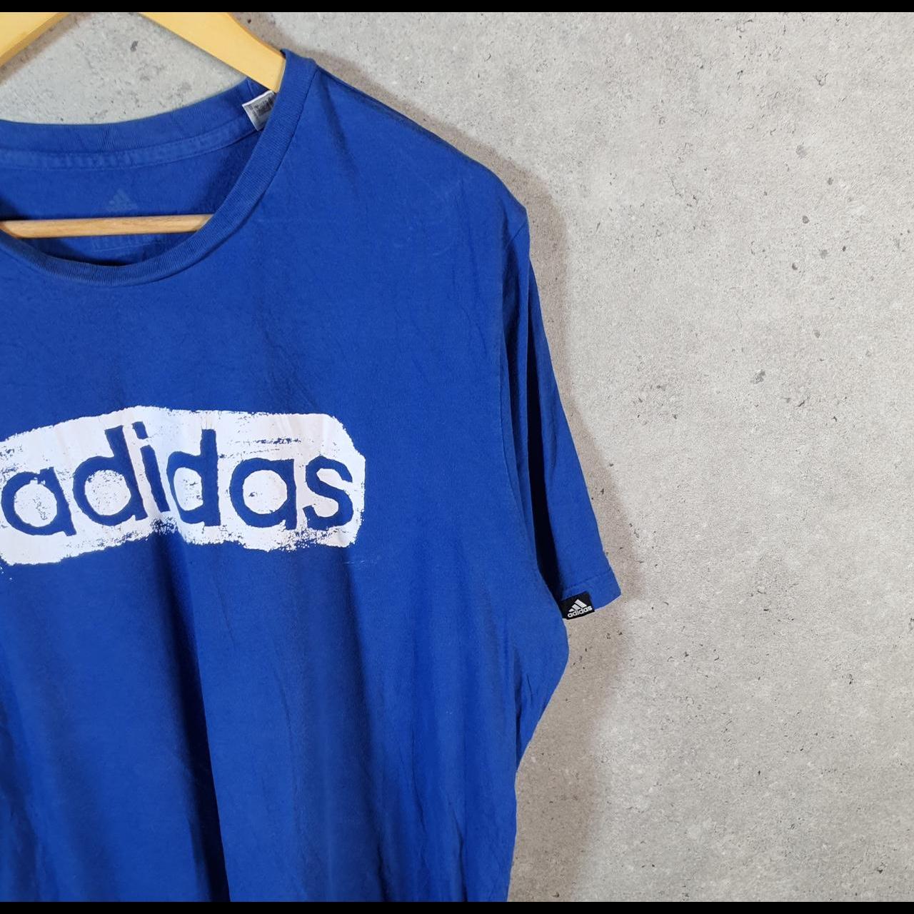 Vintage Adidas Spellout T Shirt Men’s XL Blue Three Stripes Logo Athletic