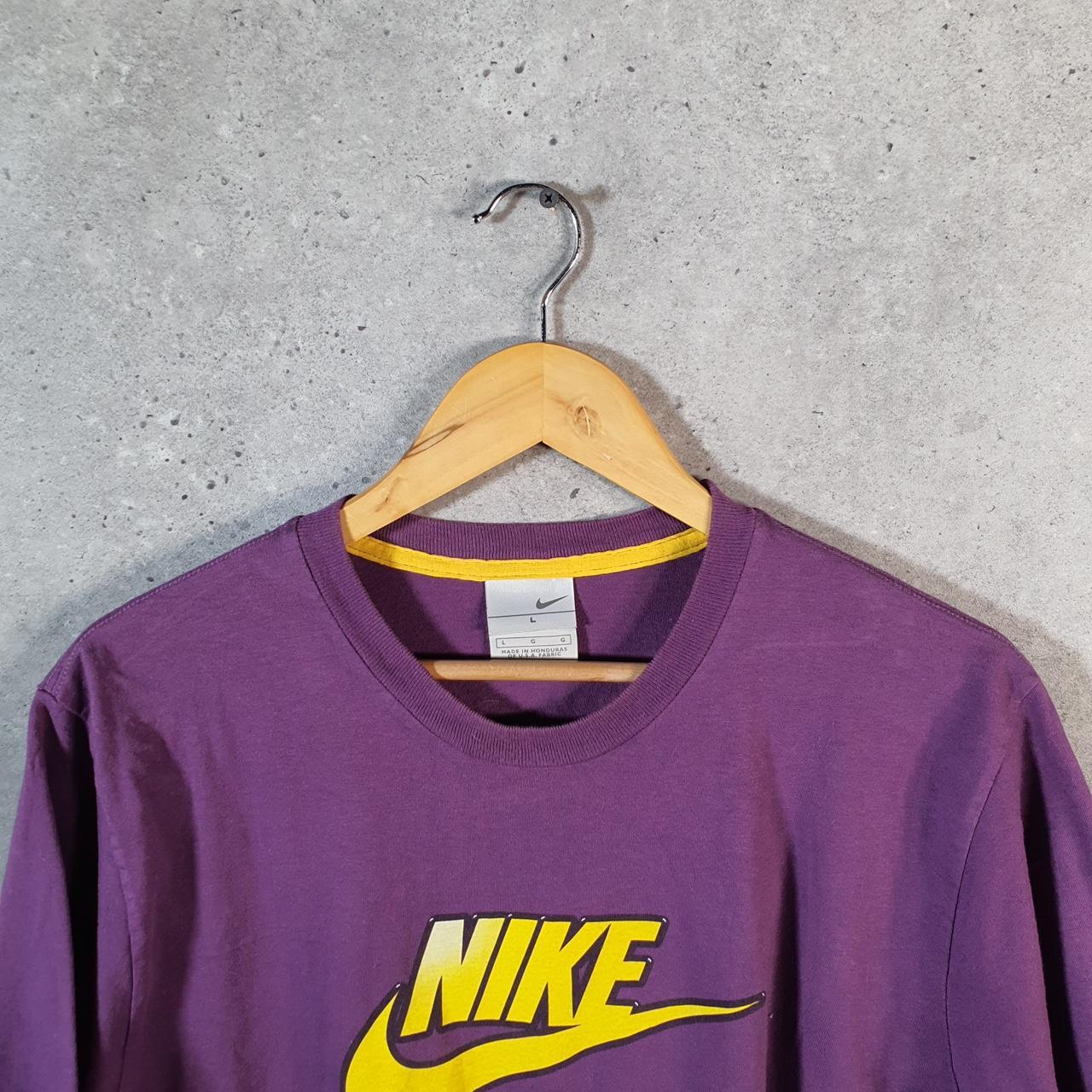 Vintage Nike 90s USA T Shirt Men’s Large Purple Spellout Single Swoosh Logo Athletic Big Fish Vintage