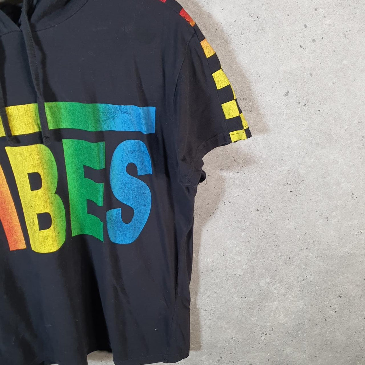 Vintage On Fire Vibes Spellout Hooded T Shirt Womens XL Black Casual sports Logo Athletic
