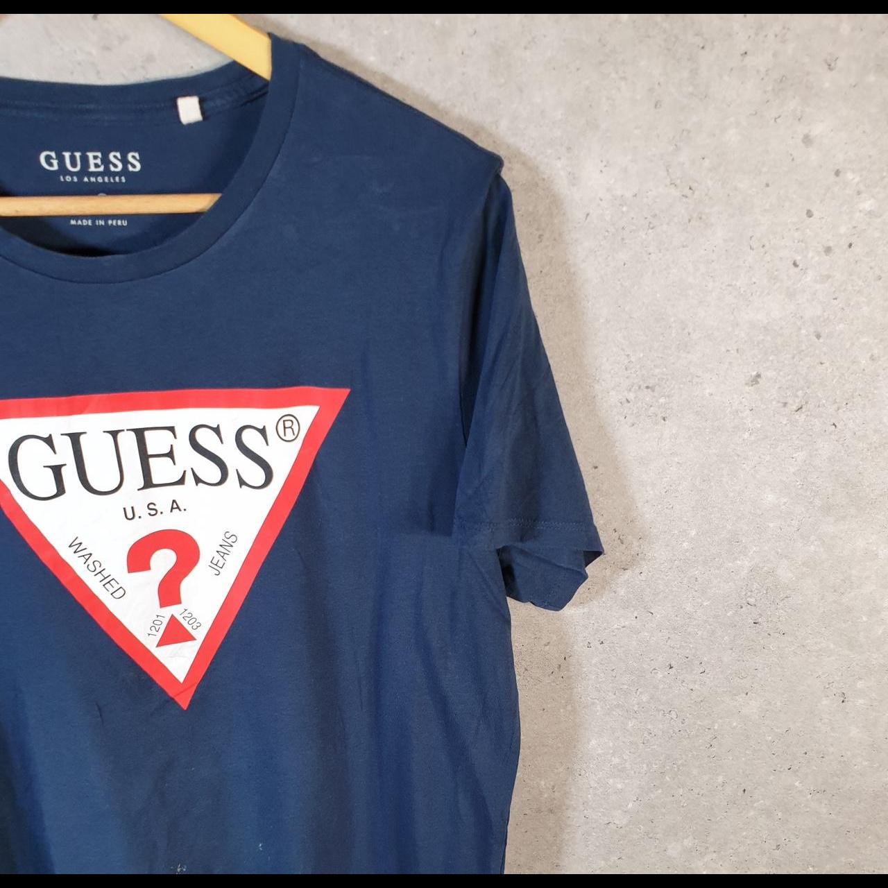 Vintage Guess Spellout Graphic T Shirt Men’s Large Navy Blue Casual Sports Logo Athletic
