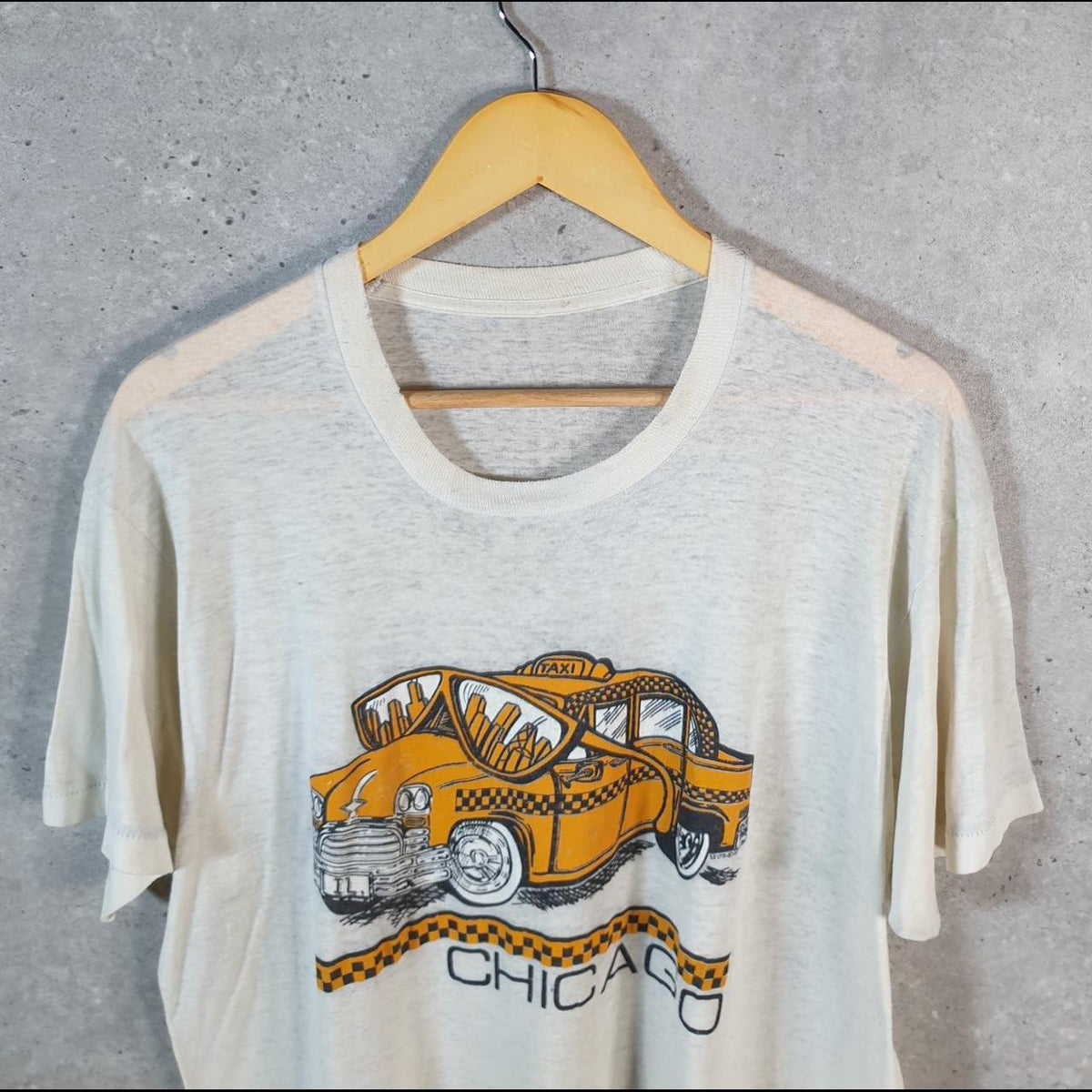 Vintage Chicago Taxi Graphic USA 90s Single Stitch T Shirt Men’s Medium White C8777