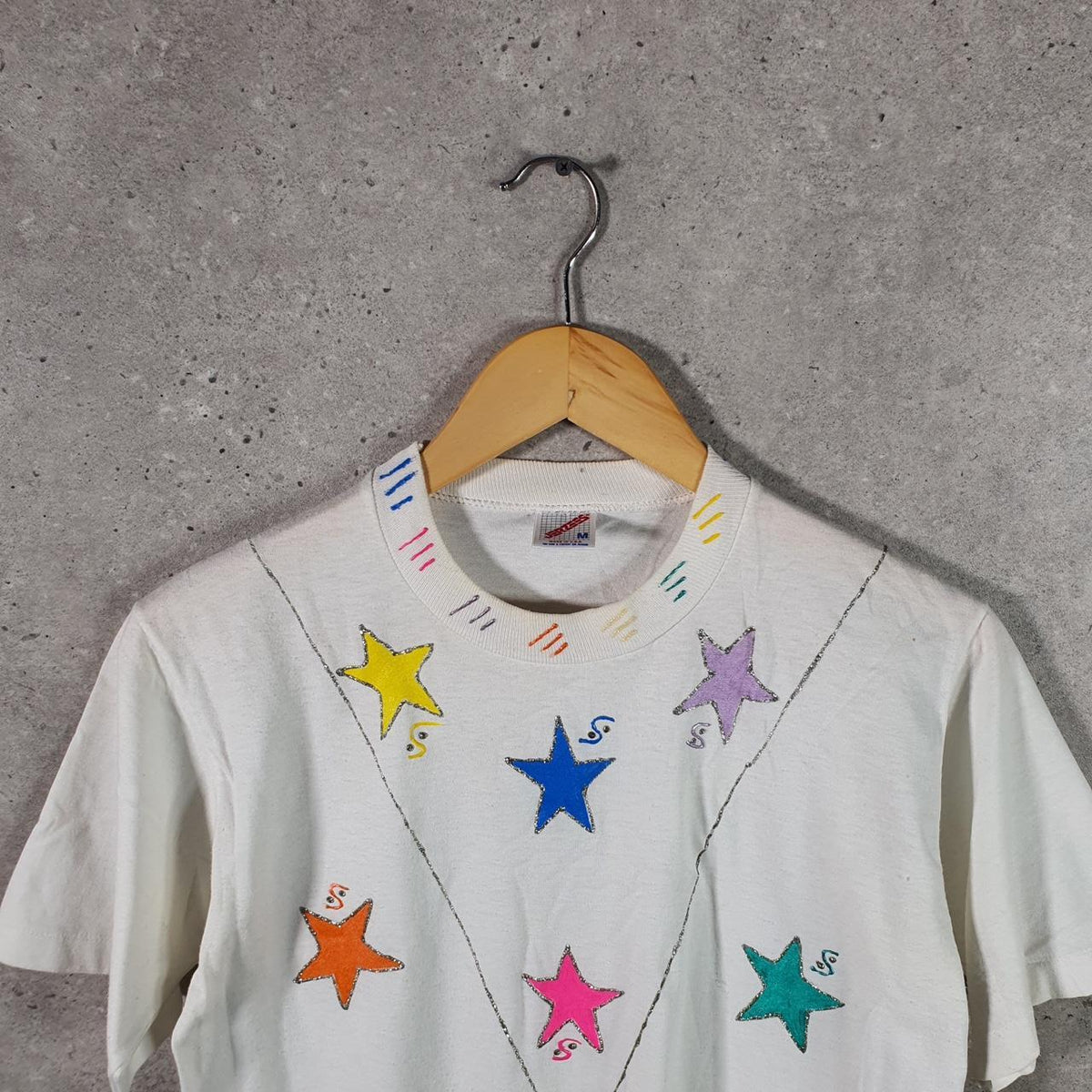 Vintage Jerzees USA 90s Stars Single Stitch T Shirt Men’s Medium White Big Fish Vintage