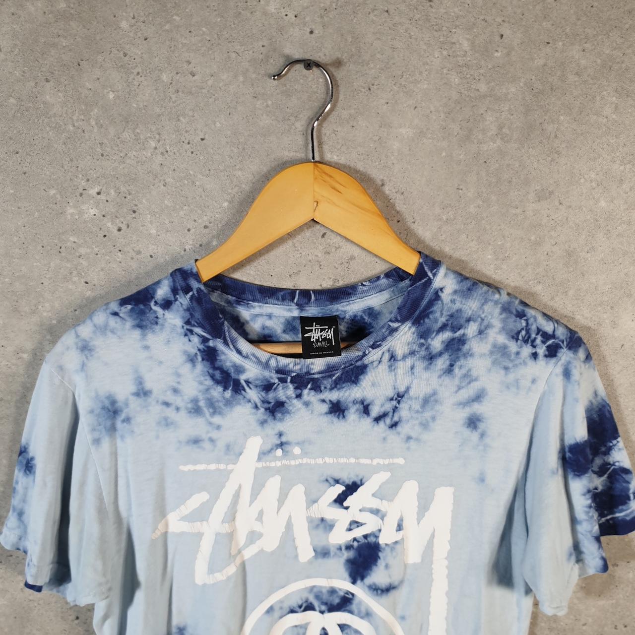 Vintage Stussy Spellout Tie Dye Printed T Shirt Men’s Small Blue Graphic Short Sleeve Big Fish Vintage
