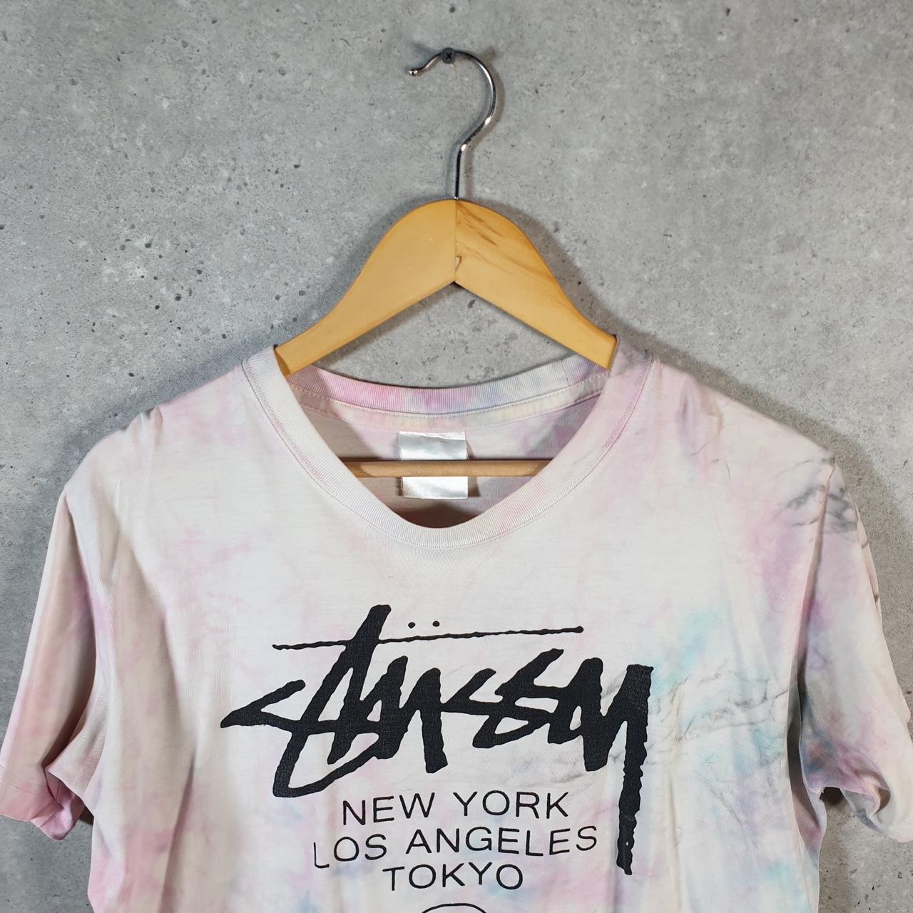 Vintage Stussy Spellout Tie Dye Printed T Shirt Men’s Small Pink Graphic Short Sleeve Big Fish Vintage