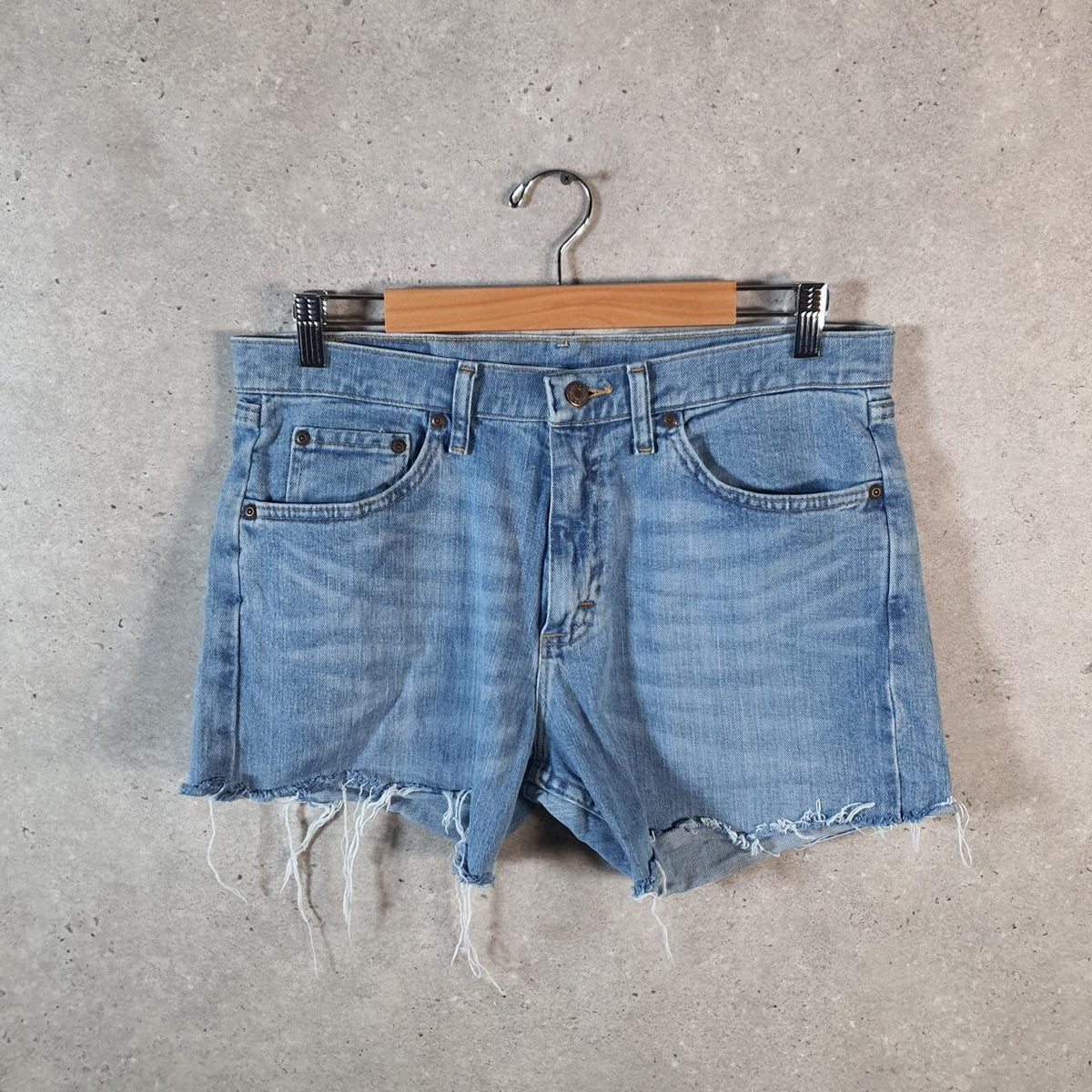 Vintage Wrangler Cut Short Baggy Shorts Jorts Cargo Womens W32 Blue Relaxed Denim A4541