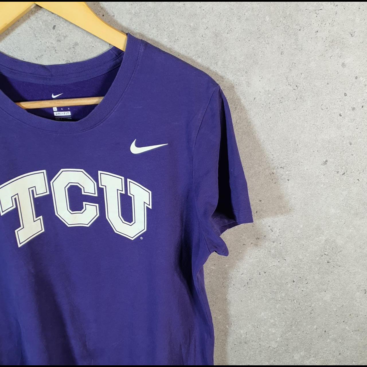 Vintage Nike Dri Fit TCU USA T Shirt Womens Large Purple Spellout Swoosh Athletic