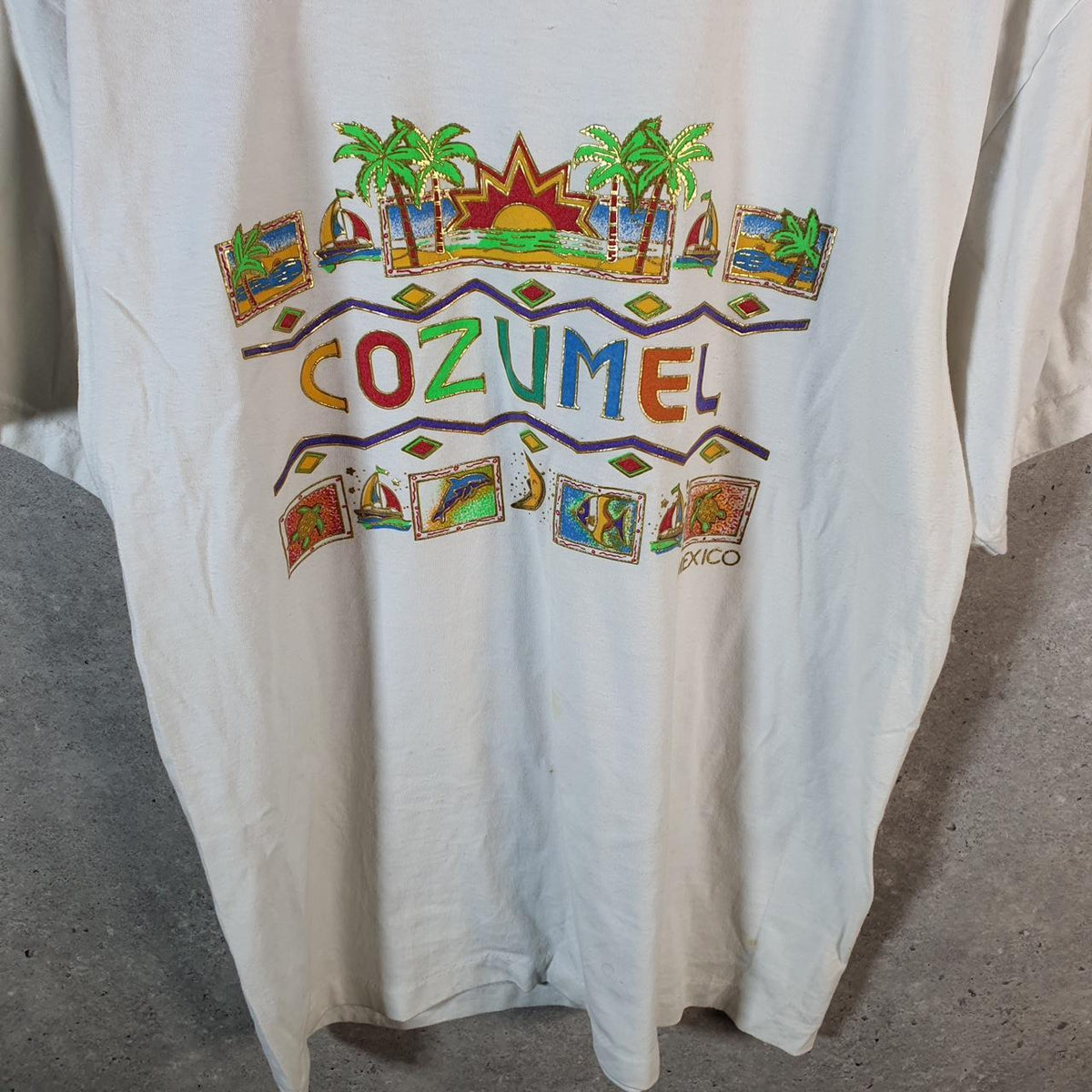 Vintage Cozumel Mexico Dolphins 90s USA Single Stitch T Shirt Men’s Large Graphic White Big Fish Vintage