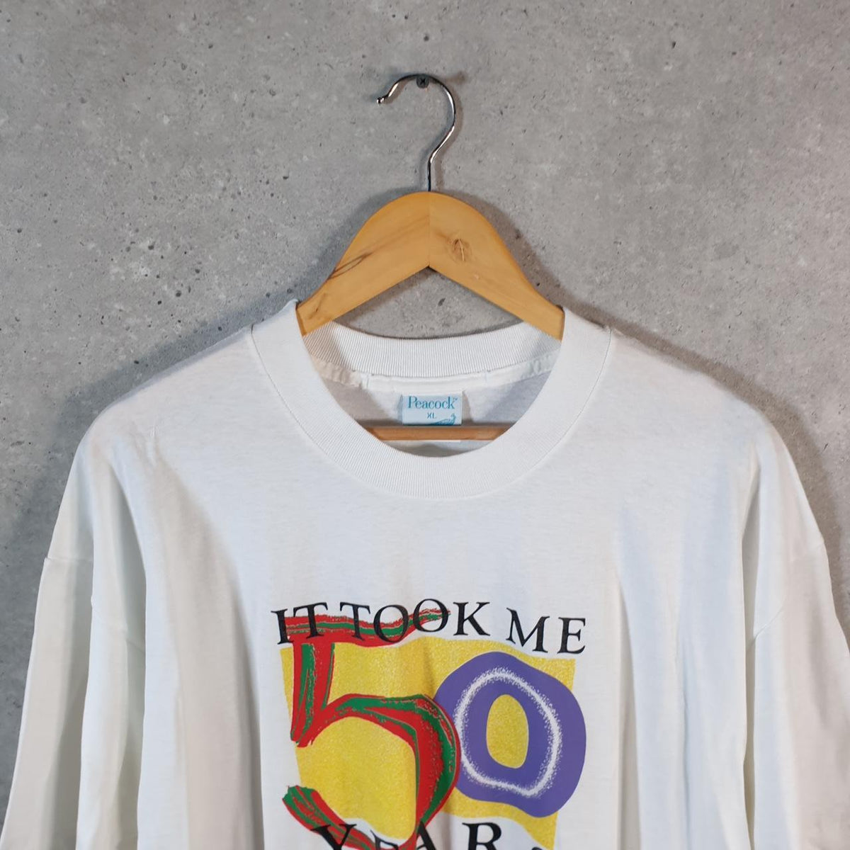 Vintage Peacock It took 50 years to look this good USA Single Stitch T Shirt Men’s XL White