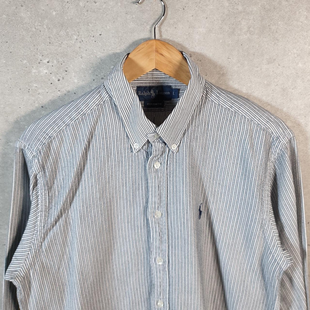 Vintage Ralph Lauren Button Down Shirt Men’s Large Grey Striped Custom Fit Cotton Pony Big Fish Vintage