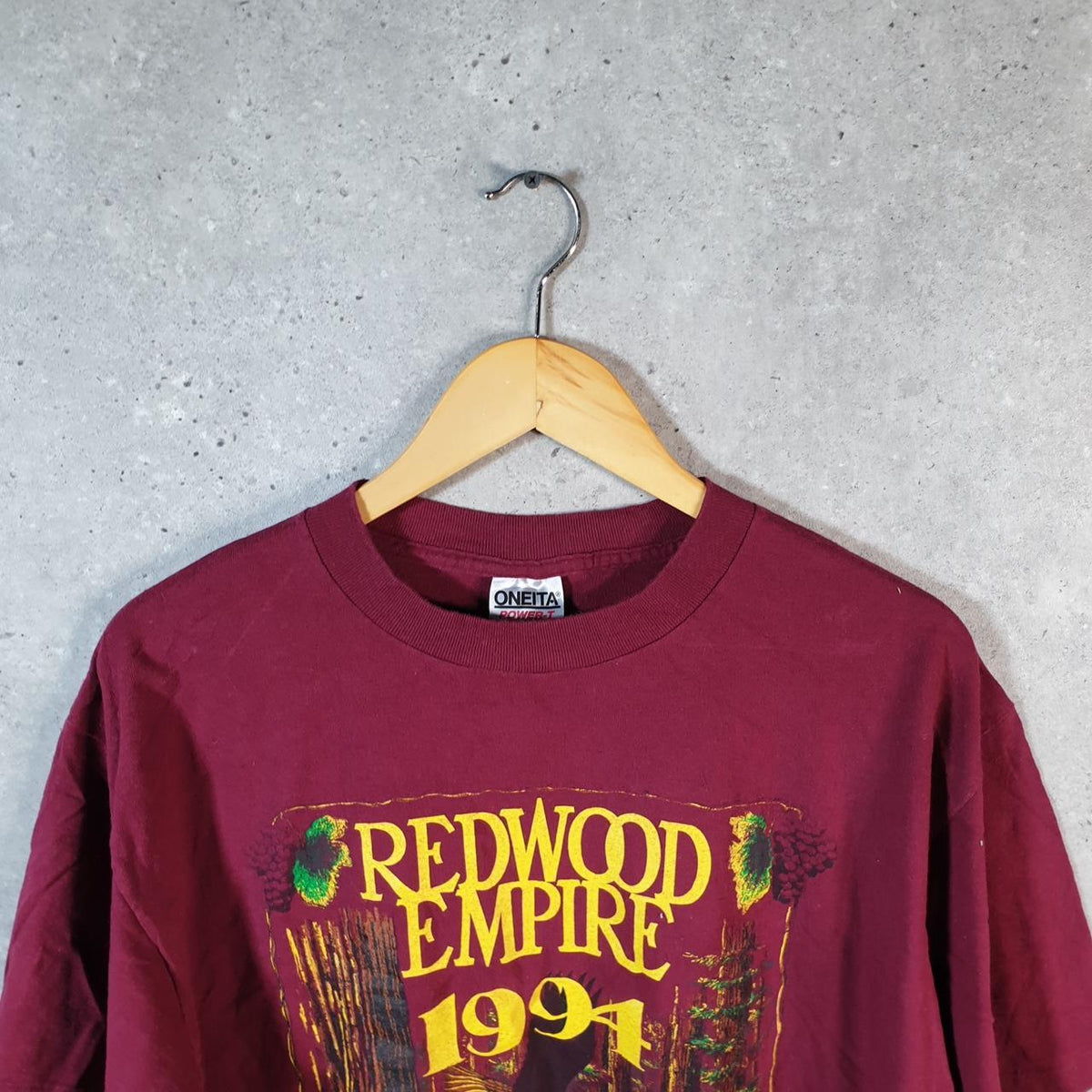 Vintage Oneita Power Redwood Empire 1994 T Single Stitch T Shirt Men’s Large Burgundy Red Big Fish Vintage