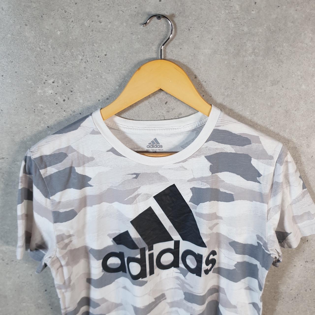 Vintage Adidas T Shirt Shirt Womens Large Camo Grey Three Stripes Logo Athletic C9893
