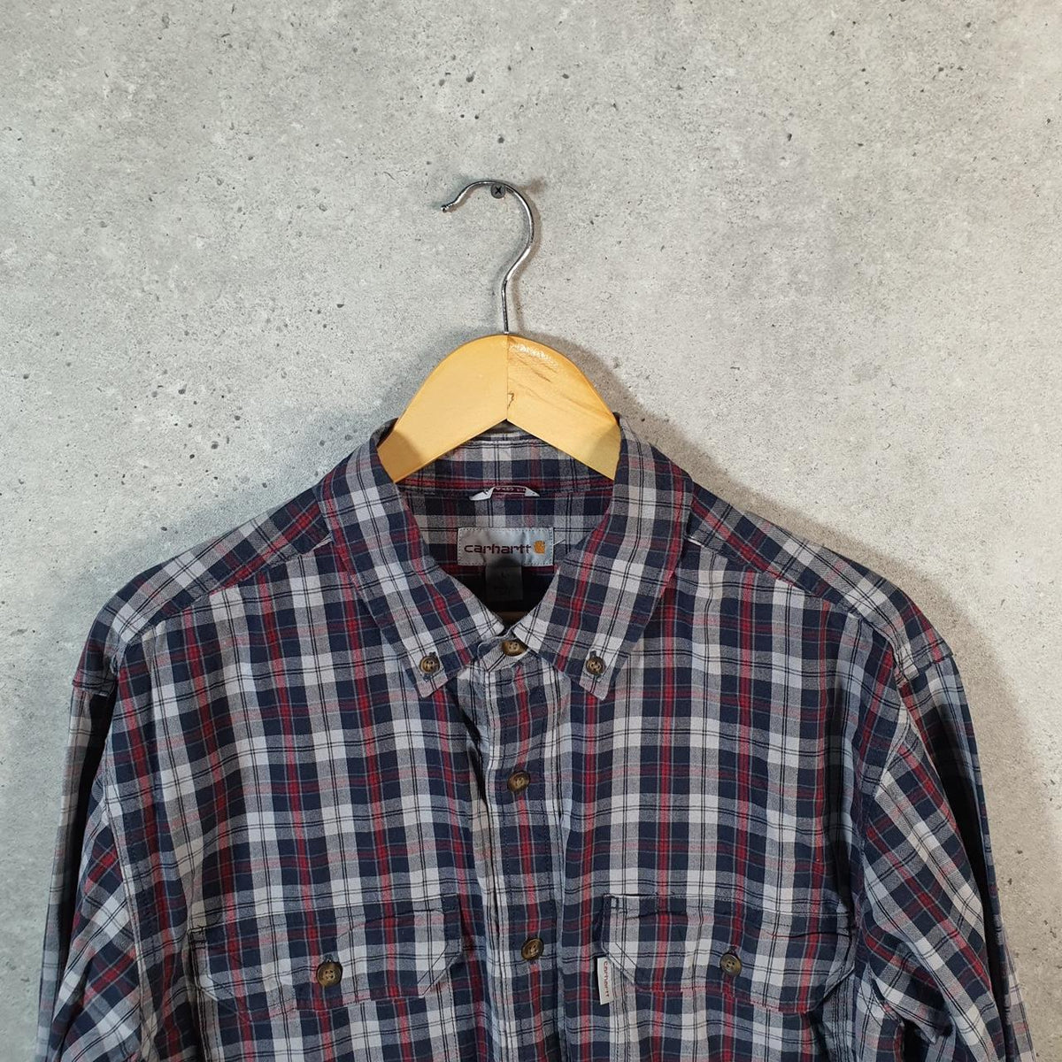 Vintage Carhartt Shirt Button Down Mens Large Blue Checkered Chore Utility Relaxed - Big Fish Vintage